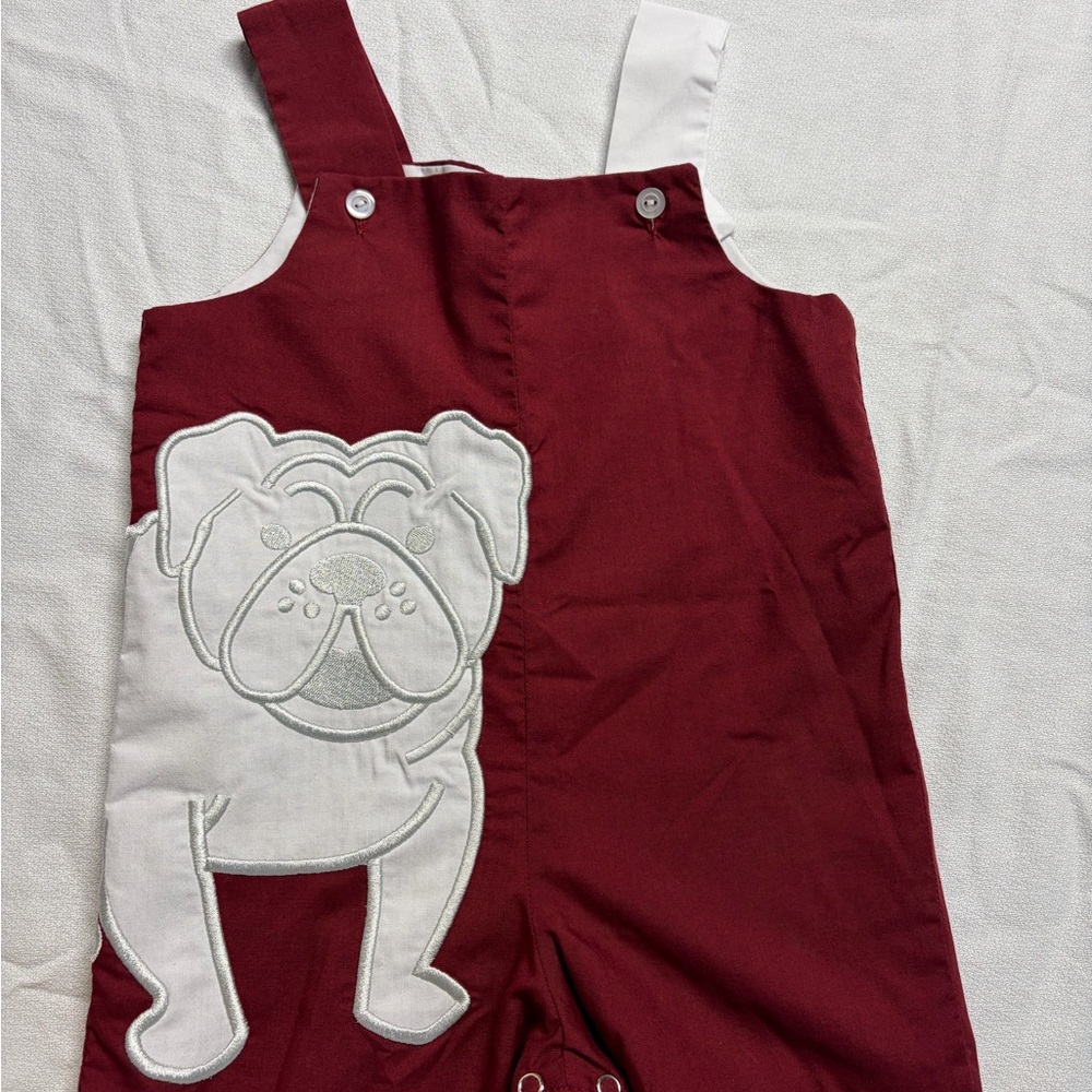 Baby Boys Maroon & White Embroidered Bulldog Jon Jon Size 9 months